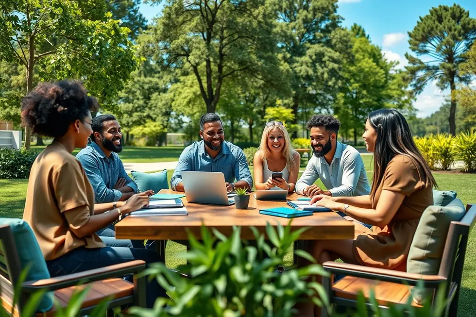 Grupo de empreendedores em uma reunião ao ar livre, discutindo sustentabilidade.