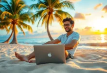 Empreendedor digital trabalhando em ambiente relaxante na praia.