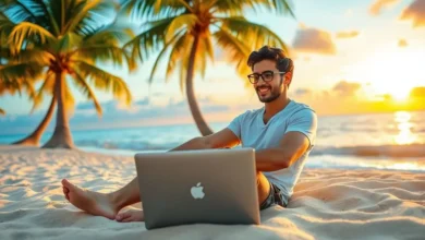 Empreendedor digital trabalhando em ambiente relaxante na praia.