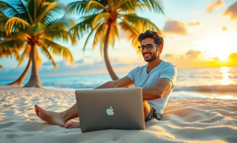 Empreendedor digital trabalhando em ambiente relaxante na praia.