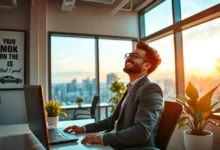 Pessoa feliz em um ambiente de trabalho inspirador, simbolizando o sucesso no empreendedorismo.