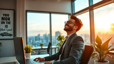 Pessoa feliz em um ambiente de trabalho inspirador, simbolizando o sucesso no empreendedorismo.