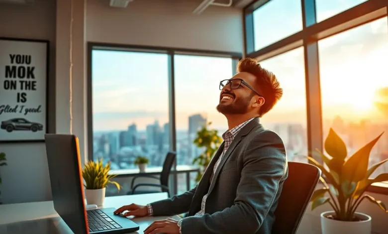7 Passos para Empreender com Sucesso e Transformar sua Vida Financeira - Web Nômade Digital Pessoa feliz em um ambiente de trabalho inspirador, simbolizando o sucesso no empreendedorismo.