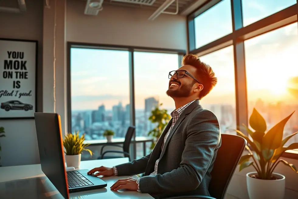 Pessoa feliz em um ambiente de trabalho inspirador, simbolizando o sucesso no empreendedorismo.