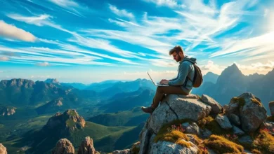 Empreendedor nômade trabalhando em um ambiente natural
