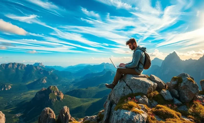 Empreendedor nômade trabalhando em um ambiente natural