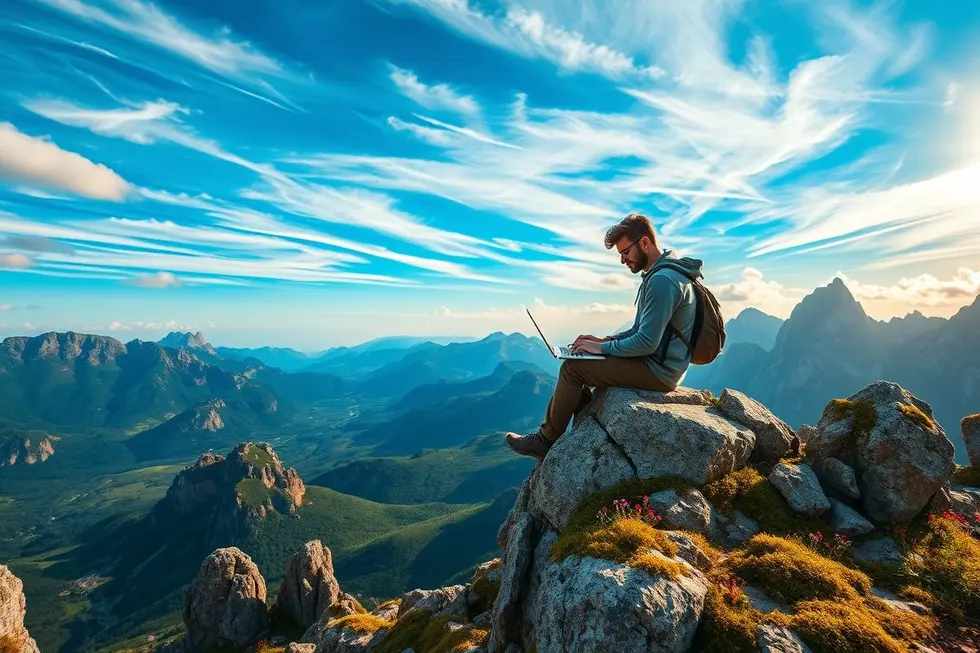 Empreendedor nômade trabalhando em um ambiente natural