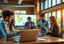 Grupo diverso de empreendedores discutindo e colaborando via dispositivos digitais.