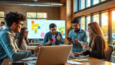 Grupo diverso de empreendedores discutindo e colaborando via dispositivos digitais.