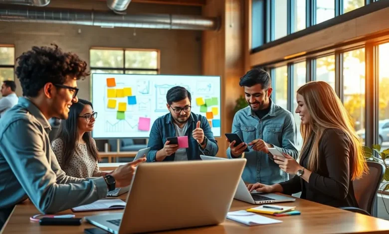 7 Estratégias para Aumentar a Lucratividade da Sua Empresa em 2024 - Web Nômade Digital Grupo diverso de empreendedores discutindo e colaborando via dispositivos digitais.