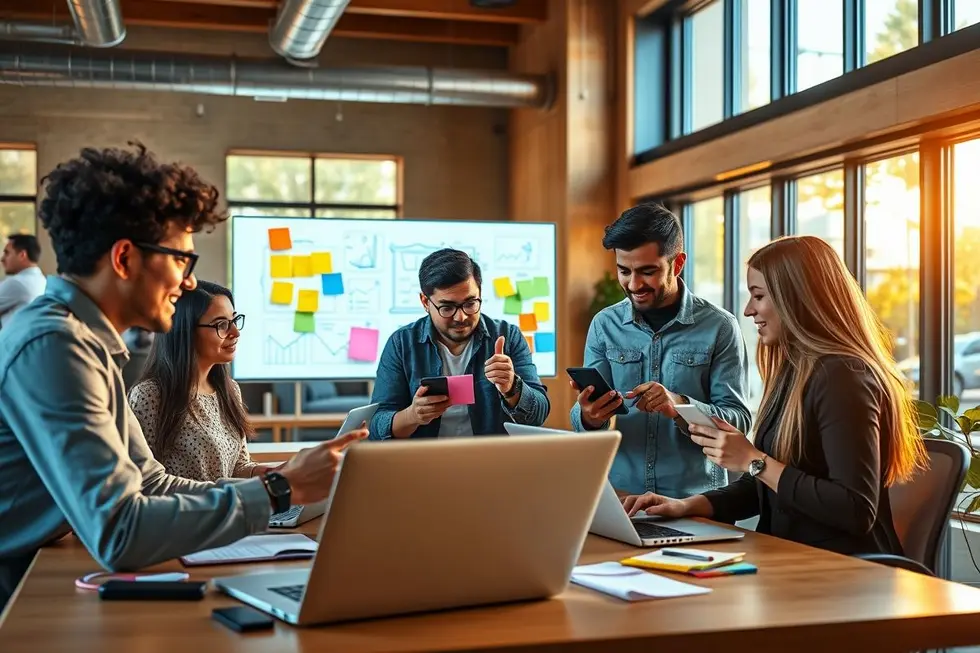 Grupo diverso de empreendedores discutindo e colaborando via dispositivos digitais.