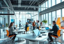 Empreendedores colaborando em um espaço de trabalho digital.
