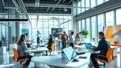 Empreendedores colaborando em um espaço de trabalho digital.