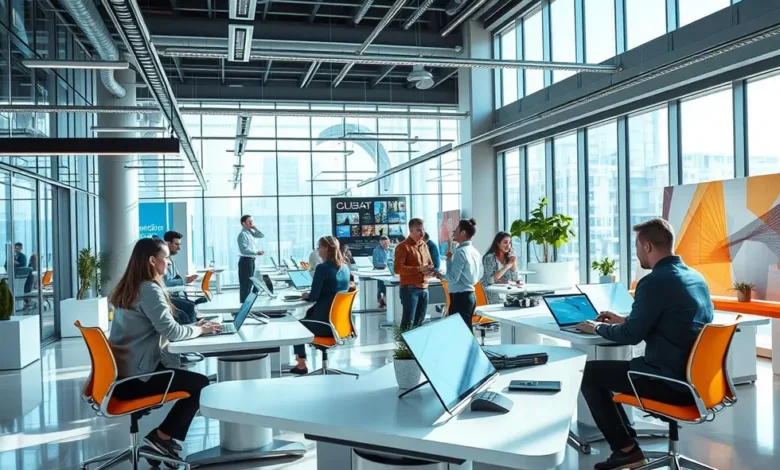 7 Estratégias Incríveis para Aumentar o Lucro do Seu Negócio Online - Web Nômade Digital Empreendedores colaborando em um espaço de trabalho digital.