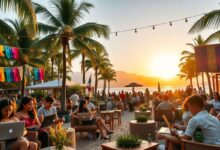 Festival nômade digital com pessoas trabalhando remotamente em ambiente paradisíaco