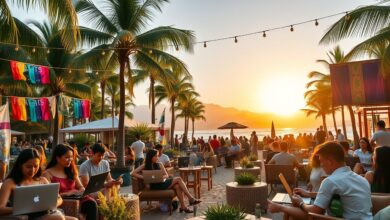 Festival nômade digital com pessoas trabalhando remotamente em ambiente paradisíaco