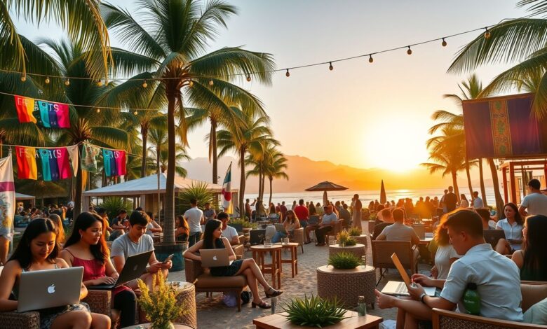 Festivais Nômades: Conexão, Cultura e Trabalho Remoto pelo Mundo - Web Nômade Digital Festival nômade digital com pessoas trabalhando remotamente em ambiente paradisíaco