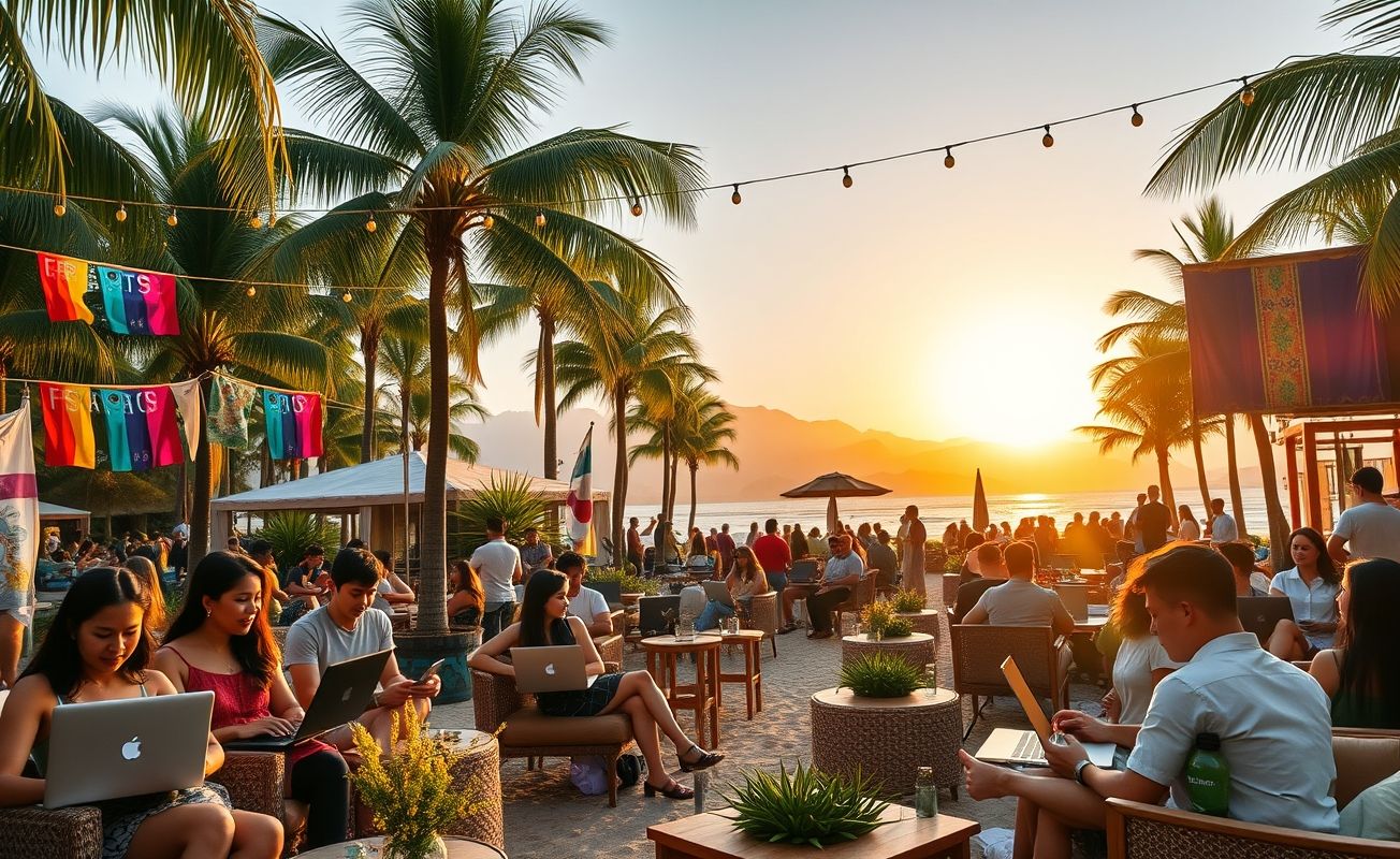 Festival nômade digital com pessoas trabalhando remotamente em ambiente paradisíaco