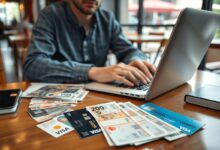 Nômade digital organizando finanças internacionais em café