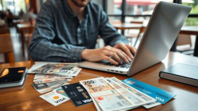 Nômade digital organizando finanças internacionais em café