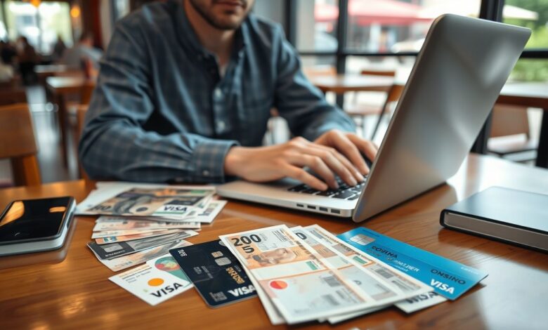 Nômade digital organizando finanças internacionais em café