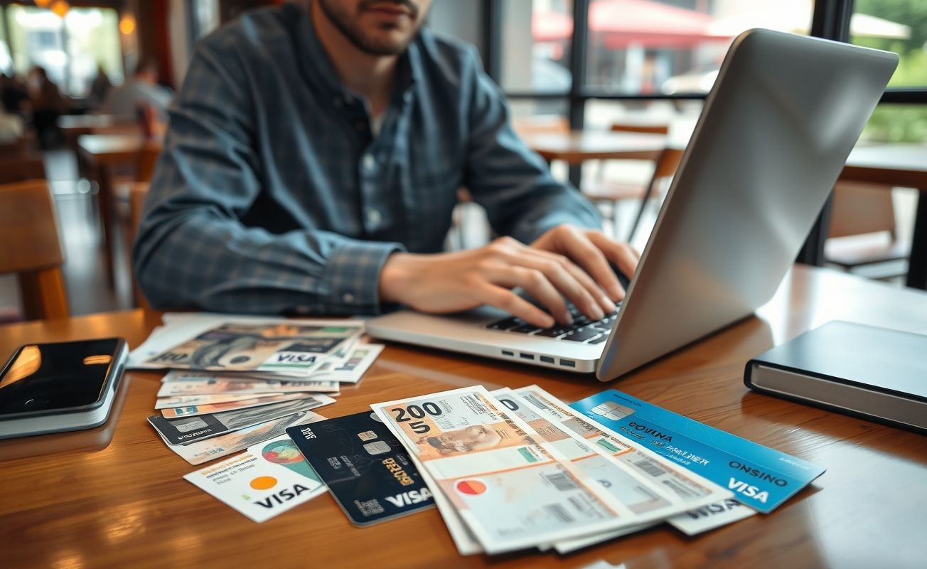 Nômade digital organizando finanças internacionais em café