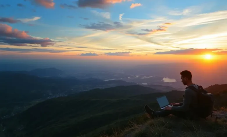 7 Passos para Empreender como Nômade Digital e Transformar seu Estilo de Vida - Web Nômade Digital Nômade digital trabalhando em meio à natureza.