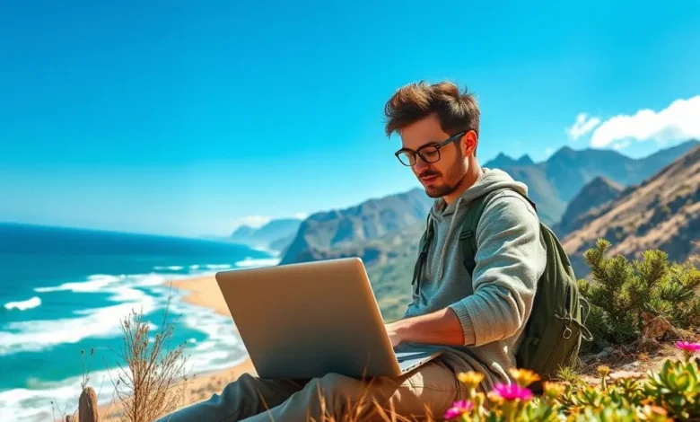 7 Dicas Imperdíveis para Empreender com Sucesso como Nômade Digital - Web Nômade Digital Nômade digital trabalhando ao ar livre em um local paradisíaco.