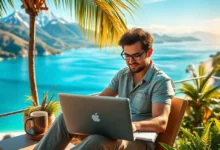 Nômade digital trabalhando remotamente em um ambiente inspirador.