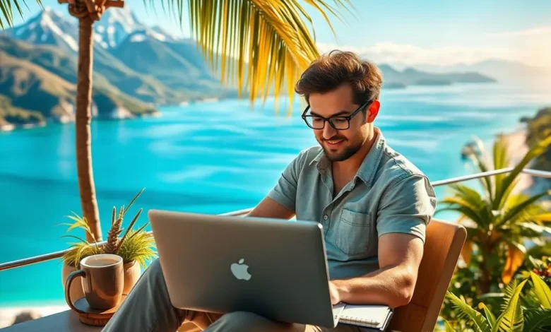 Nômade digital trabalhando remotamente em um ambiente inspirador.