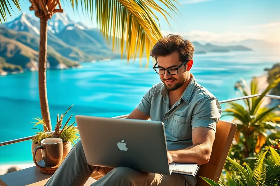 Nômade digital trabalhando remotamente em um ambiente inspirador.
