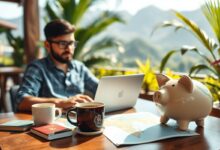 Nômade digital planejando reserva financeira em café