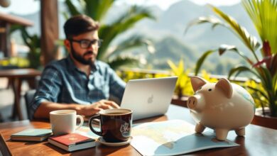 Nômade digital planejando reserva financeira em café