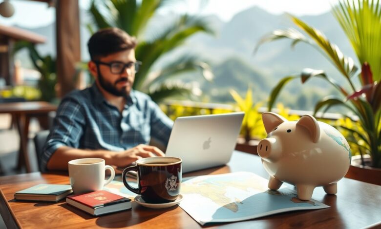 Nômade digital planejando reserva financeira em café