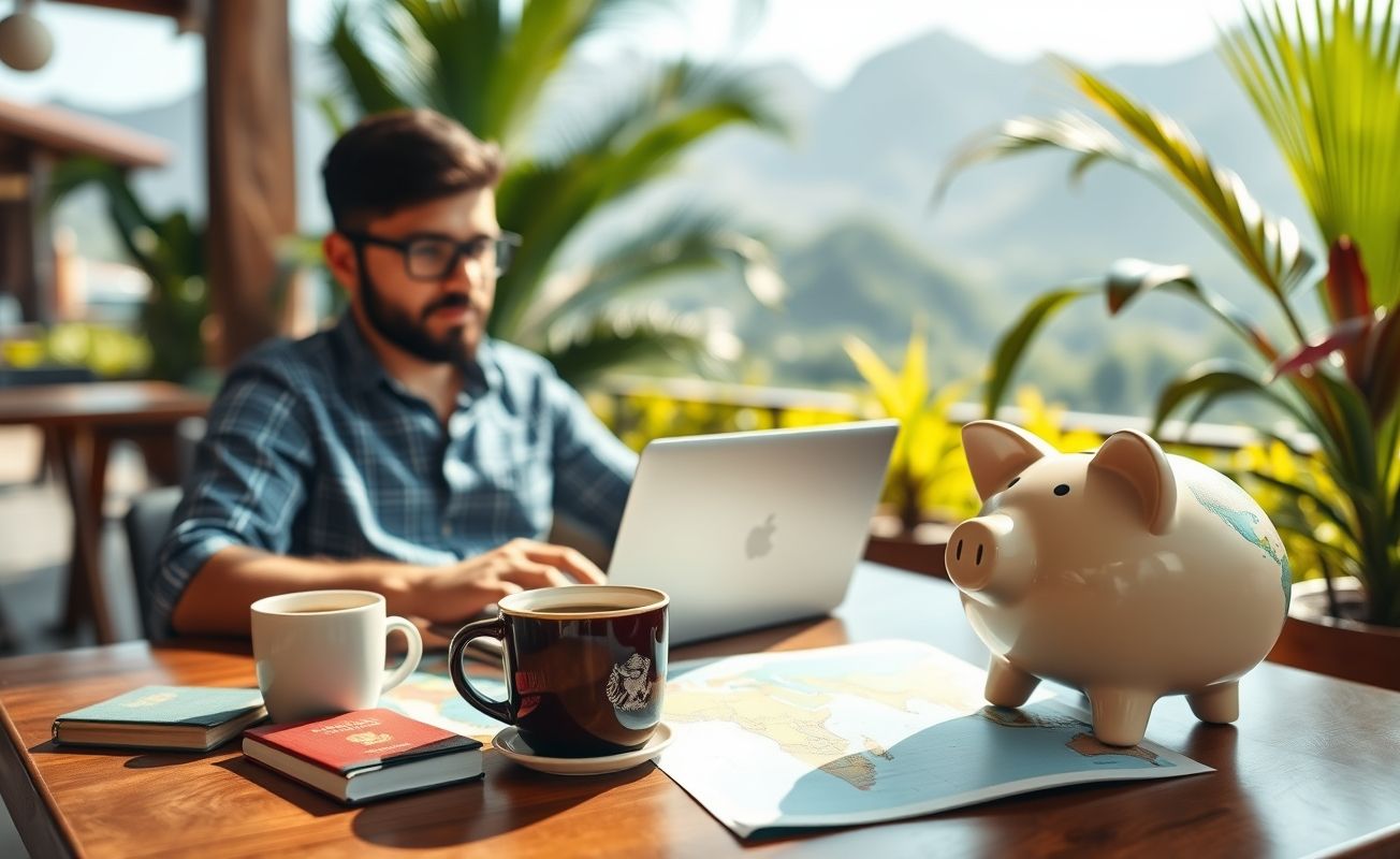 Nômade digital planejando reserva financeira em café