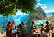 Grupo de nômades digitais trabalhando em locais diferentes pelo mundo.
