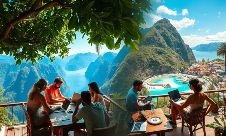 Grupo de nômades digitais trabalhando em locais diferentes pelo mundo.