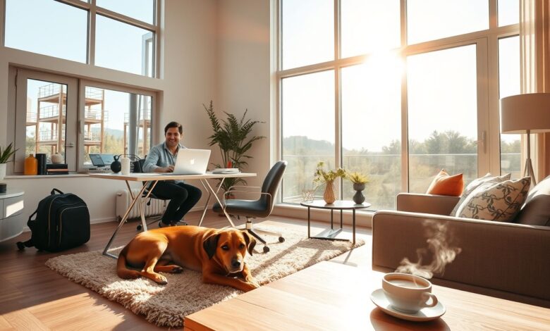 Como Participar de Programas de Guarda de Propriedades: Guia Completo para Nômades Digitais - Web Nômade Digital Nômade digital trabalhando em casa com animal de estimação durante guarda de propriedade