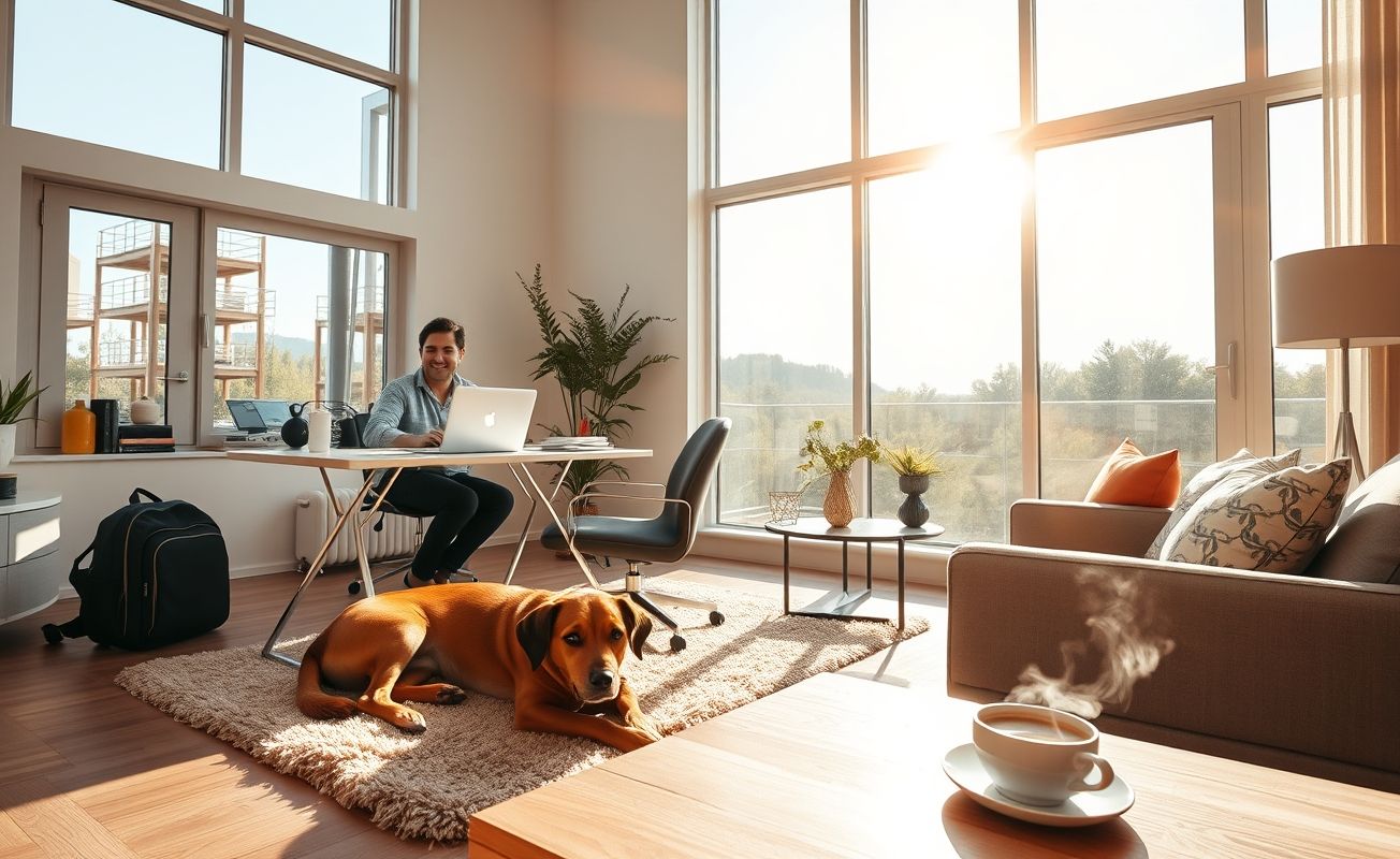 Nômade digital trabalhando em casa com animal de estimação durante guarda de propriedade