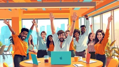 Grupo de empreendedores celebrando juntos, representando o sucesso nas estratégias de fidelização.