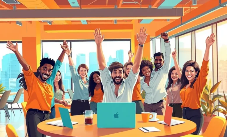 7 Estratégias Eficazes para Atraírem e Fidelizarem Clientes em 2024 - Web Nômade Digital Grupo de empreendedores celebrando juntos, representando o sucesso nas estratégias de fidelização.