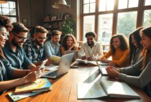 Nômades digitais estudando idiomas em café