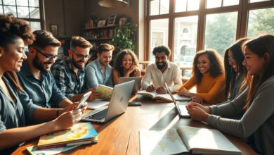 Nômades digitais estudando idiomas em café
