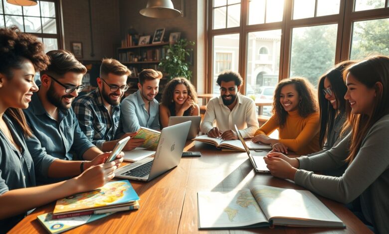 Nômades digitais estudando idiomas em café
