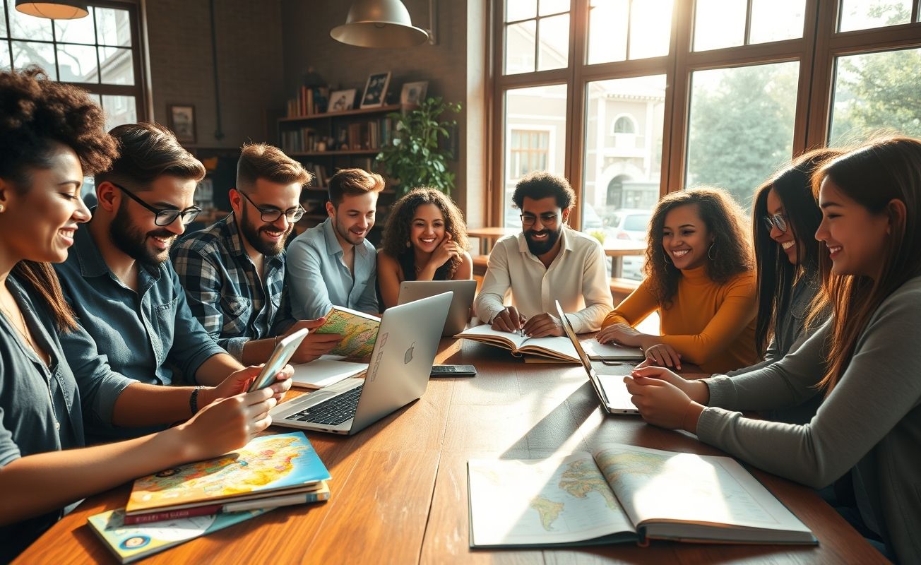 Nômades digitais estudando idiomas em café