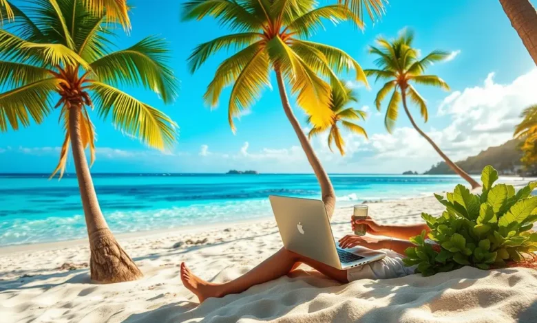 7 Estratégias de Agenda para Conquistar Clientes em 2024 - Web Nômade Digital Nômade digital trabalhando em uma praia paradisíaca.