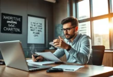 Empreendedor planejando estratégias com um caderno e um laptop.