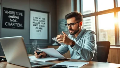 Empreendedor planejando estratégias com um caderno e um laptop.