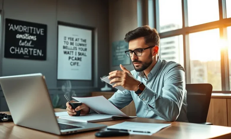 Empreendedor planejando estratégias com um caderno e um laptop.