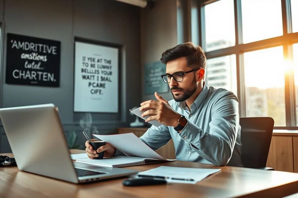 Empreendedor planejando estratégias com um caderno e um laptop.